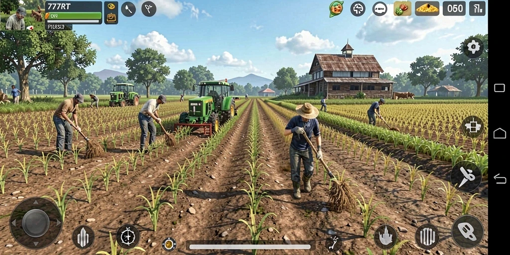 Screenshot gameplay 777RT menunjukkan lahan pertanian yang subur dan beragam tanaman.