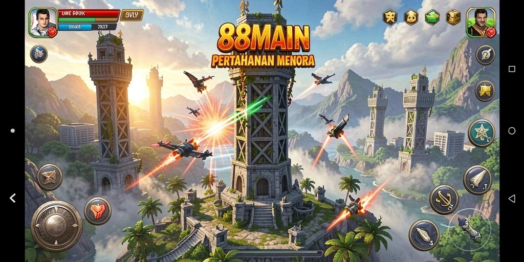 Tampilan gameplay seru di 88MAIN dengan menara mempertahankan serangan musuh.