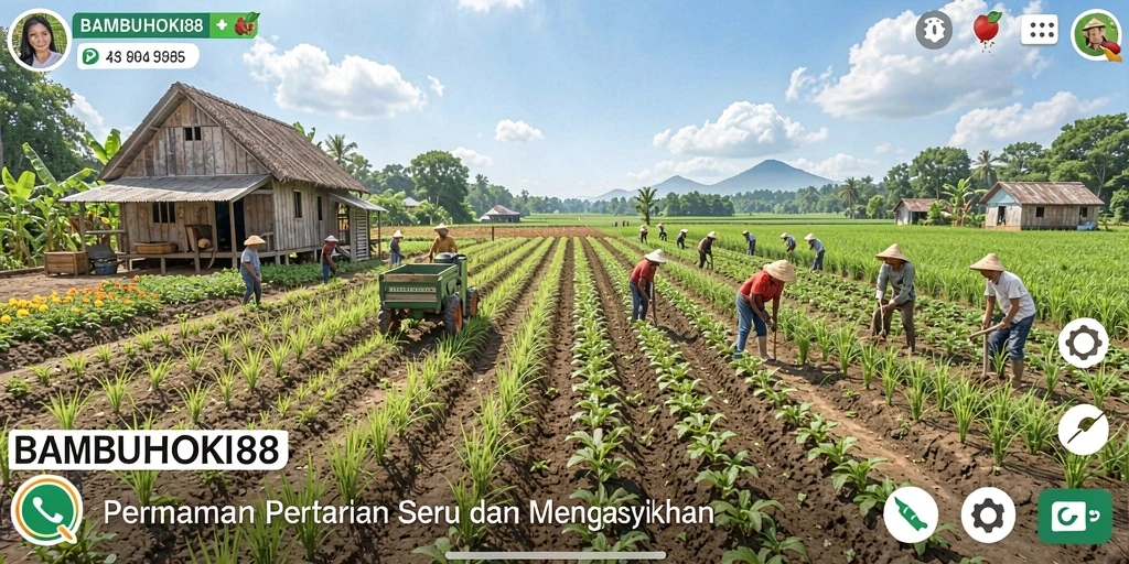 Screenshot gameplay menunjukkan suasana pertanian yang hidup dan penuh warna.