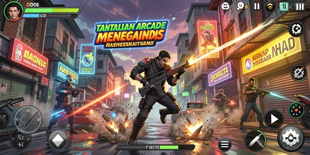 Screenshot D06 memperlihatkan gameplay Arcade yang seru dan penuh aksi.