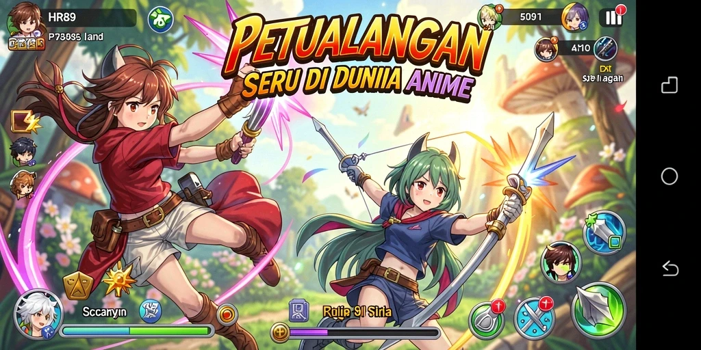 Screenshot gameplay HR89 menampilkan karakter anime beraksi penuh semangat.