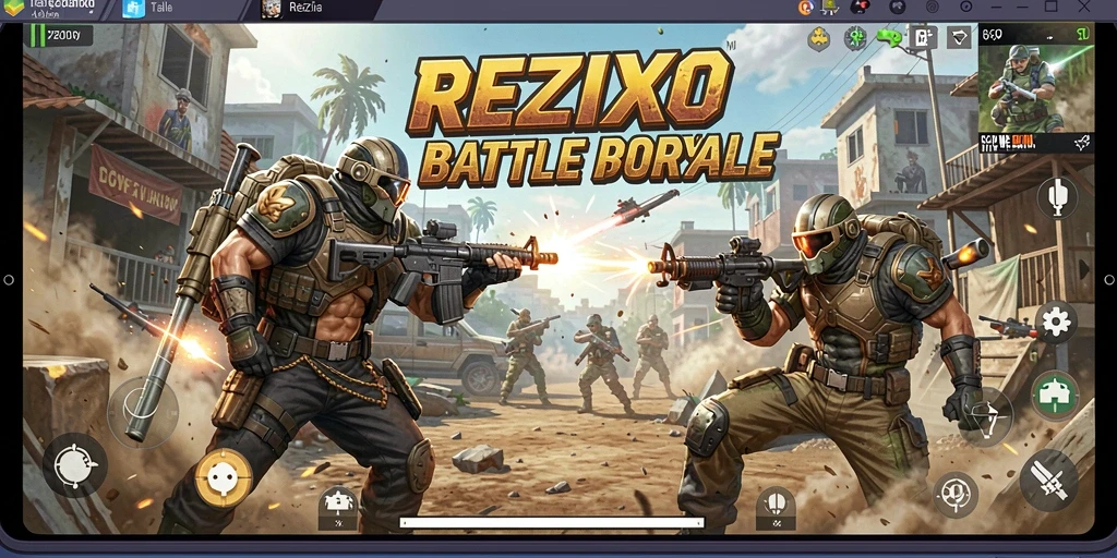 Screenshot utama REZIXO menampilkan aksi pertempuran Battle Royale yang mendebarkan.